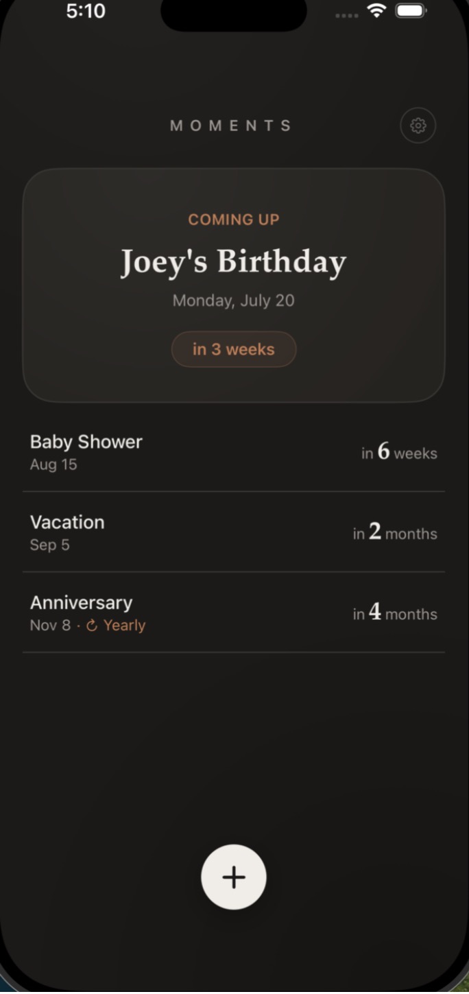 Moments app home screen, dark mode