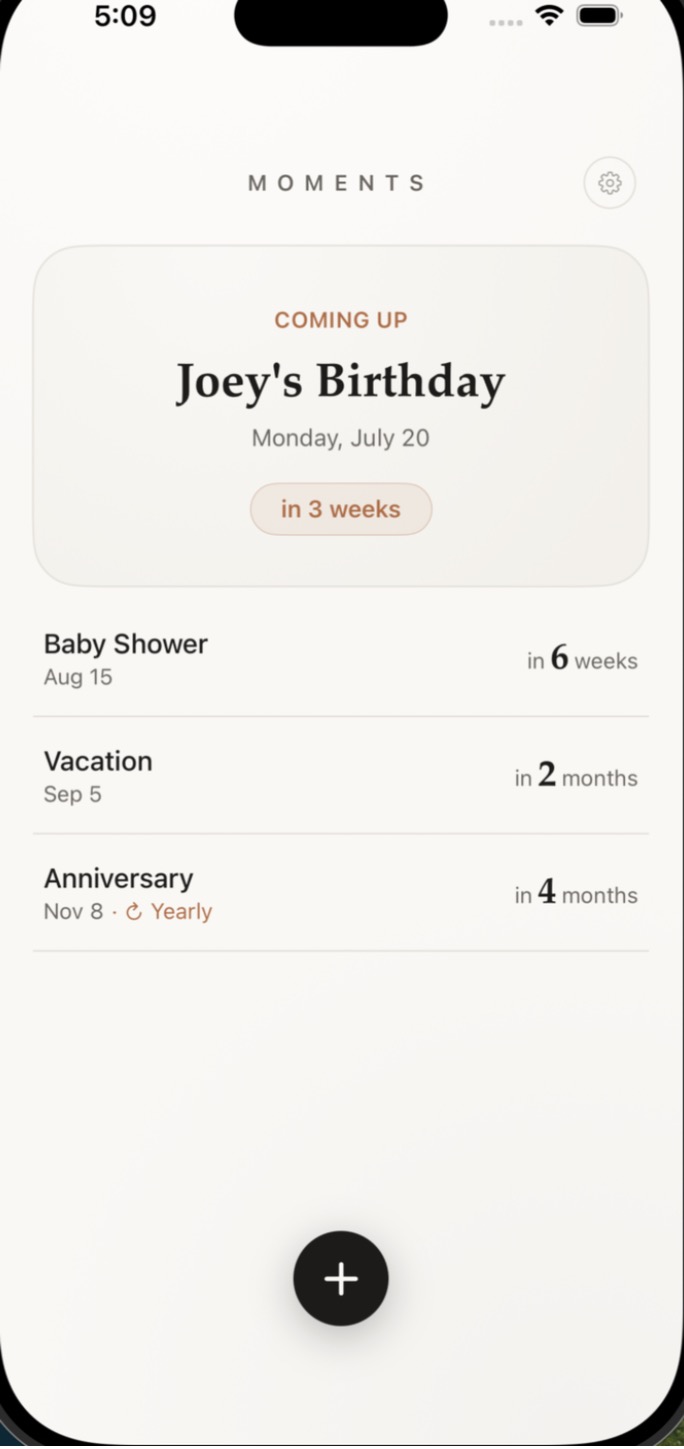 Moments app home screen, light mode