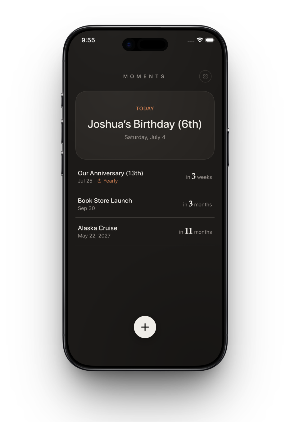 Startbildschirm der Moments-App