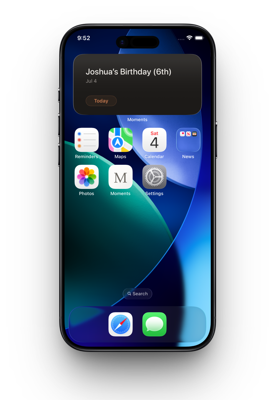 Widget mediano de Moments en la pantalla de inicio de iOS