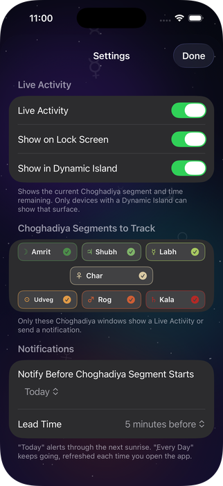 Vedic Time settings for Live Activity and Dynamic Island